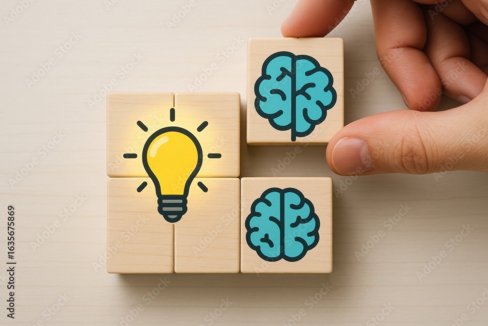Poster illumination: a creative individual aligns a cube with an illuminated light bulb with two brain symb