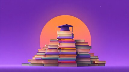 Graduation season poster, a pyramid made of stacked books in the center, a bachelor hat on the top of the pyramid, the background is a lavender halo