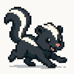 Fototapeta premium Adorable pixel art skunk with iconic black and white stripes captured in a playful, running pose