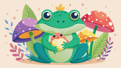 A whimsical frog with a colorful mushroom atop its head, surrounded by lush greenery..eps