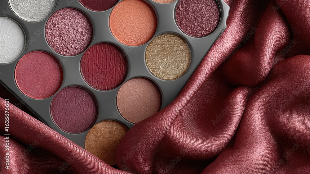 Poster ultra-realistic 3d render of an open makeup palette resting on silky fabric with a clean area at the