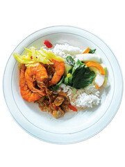 Indonesian cuisine with rice shrimp clear soup and mango chili sambal Isolated on White Background