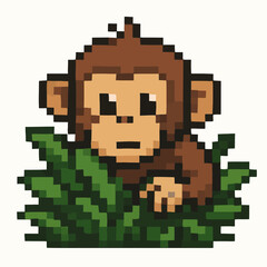 Fototapeta premium Playful pixel art monkey peeking from lush green foliage, bringing retro charm to any digital project