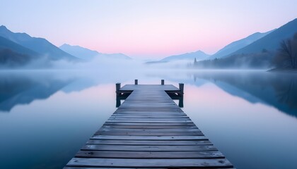 Fototapeta premium A tranquil mountain lake scene at dawn. The water's surface is like glass, perfectly reflecting the soft pastel hues of the awakening sky