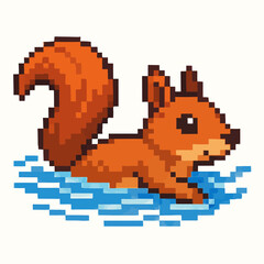 Obraz premium Charming pixel art squirrel swimming through blue water with a playful, energetic vibe