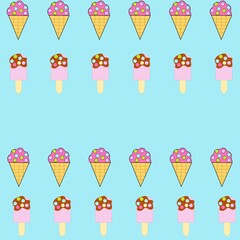 Pattern of colorful ice cream cones and popsicles on blue
