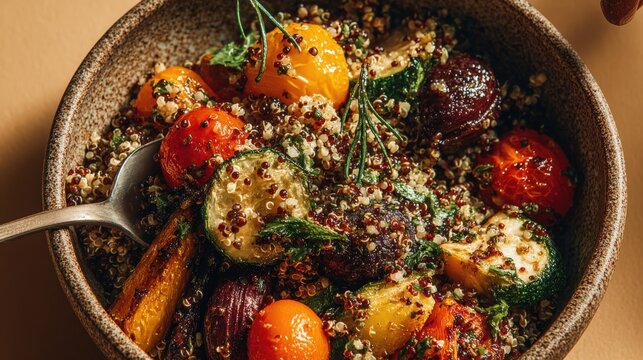 Hand scooping chimichurri quinoa with grilled vegetables in rustic bowl