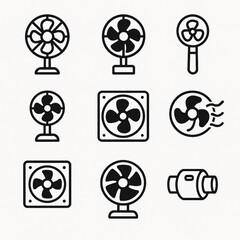 Minimalist Fan and Ventilation Icons – Handheld, Desk, Exhaust, and Duct Types