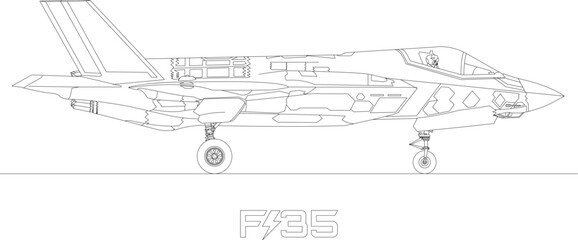 F-35 Lightning II iF35 supersonic military fighter plane, stealth strike fighters, silhouette line art, vector illustration