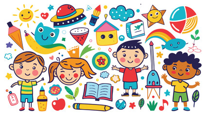 A vibrant doodle illustration featuring various children's toys, including blocks, dolls, and stuffed animals..eps