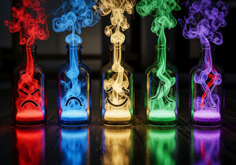 Photo of five glass bottles with colorful smoke and faces showing emotions