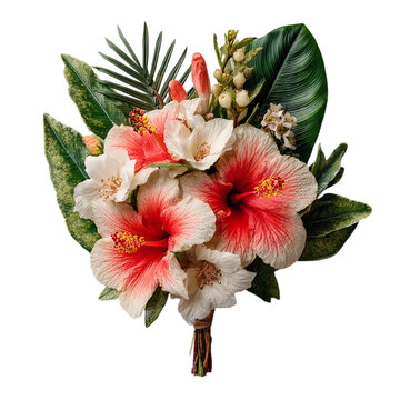 Tropical bouquet with palm, hibiscus, and banana leaf, wedding theme, on isolated white background --s 250