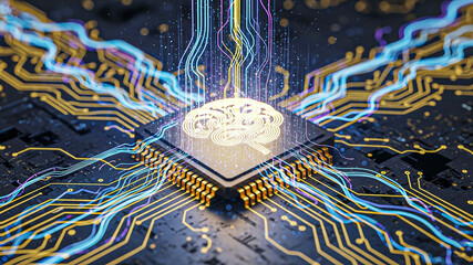Abstract AI Brain Chip: Futuristic Digital Neural Network, glowing lines, technological concept.