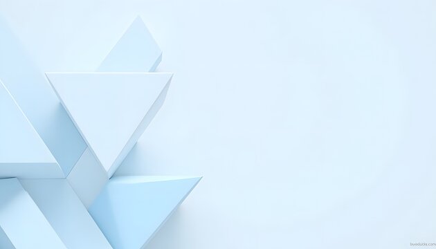 A composition featuring a dynamic interplay of light blue and white geometric shapes, such as triangles, squares, and parallelograms