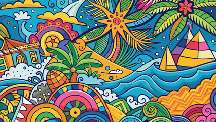 Collection of summer beach icons in vector format, featuring sun, waves, and beach accessories for a vibrant summer theme..eps