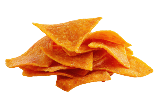 A pile of triangular, orange-yellow tortilla chips