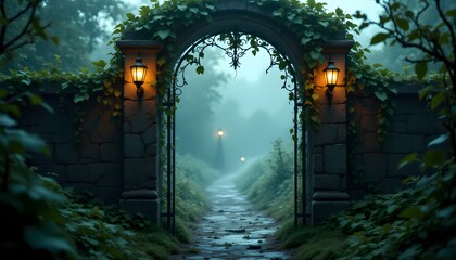 Obraz premium An aged, wrought iron gate, intricately designed with floral motifs, stands slightly ajar, revealing a path disappearing into a dense, swirling fog