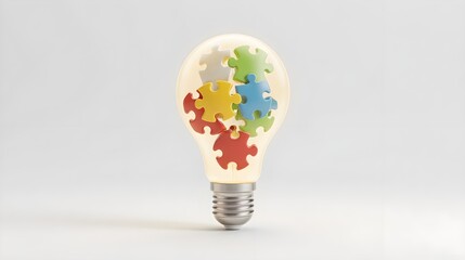 3D Glowing Lightbulb Icon with Colorful Puzzle Pieces