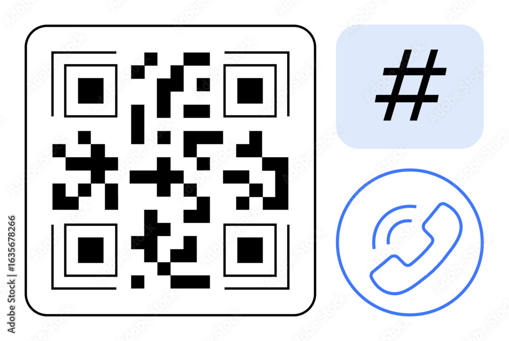 Aufkleber qr code with a metadata tag symbol and phone call icon representing digital interaction, communicati