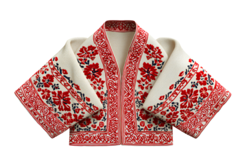  Folded embroidered Uzbek chapan in top-down view isolated on transparent background