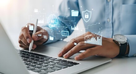 Man Using Laptop with Data Visualization Overlay - Cybersecurity, AI, and Analytics Concepts