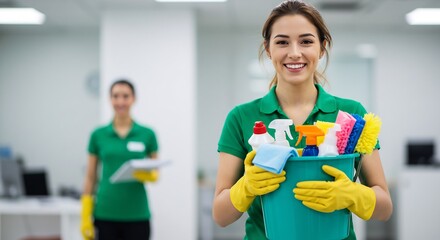 Smiling Caucasian Cleaning Woman Holding Cleaning Supplies in a Bucket with a Colleague in the Background, Office Cleaning Concept