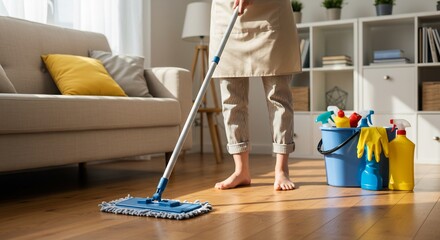 Person Cleaning a Wooden Floor with a Mop and Cleaning Supplies in a Bright Living Room