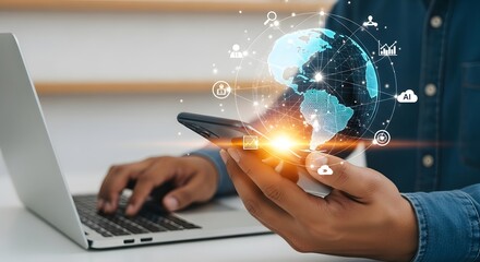 Man Using Smartphone with Global Network and Data Visualization Overlay