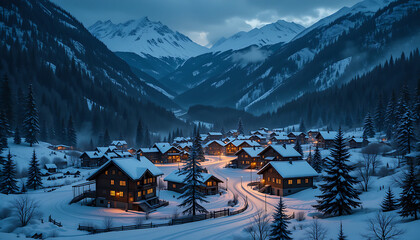 Mountain Village at Night with Snow and Warm Lights