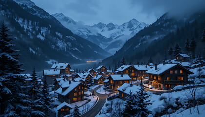 Mountain Village at Night with Snow and Warm Lights