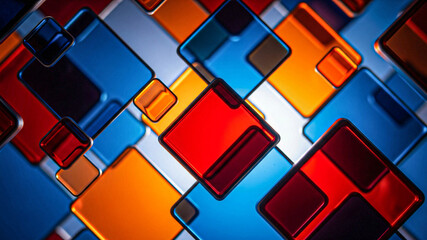 Abstract Colorful Glass Squares: Modern Geometric Design, Vibrant Red, Blue, Orange Hues.