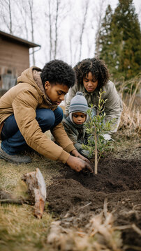 Mixed-race family planting young tree in backyard. Early spring morning with earthy tones. Parents and child working together in hopeful and sustainable gardening scene. Generative AI. 