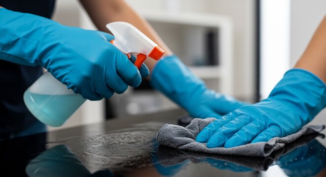 Cleaning and Sanitizing: Person Wearing Blue Gloves Spraying and Wiping Down a Surface with Cleaning Solution to Remove Germs and Maintain Hygiene