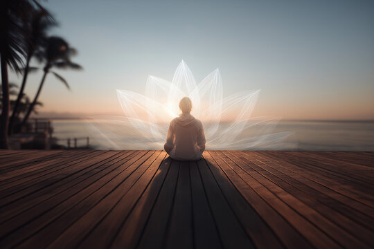 Person sitting cross-legged on wooden deck at sunrise. Translucent augmented-reality lotus projection above. Calm tropical scenery with palm silhouettes. Serenity and mindfulness vibe. Generative AI. 