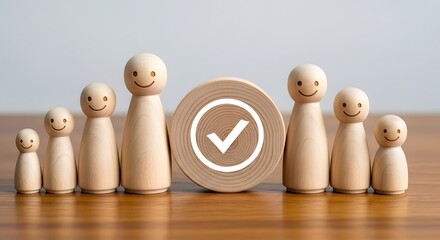 Team Success: Wooden Figures and Checkmark Symbol Representing Achievement