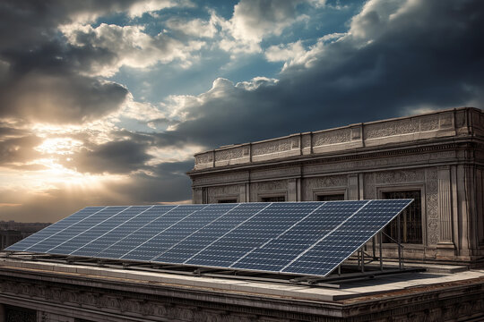 Rooftop solar panels on historic masonry building. Dramatic sky with sun rays breaking through clouds. Crisp detail in ultra-realistic architectural photography. Generative AI. 