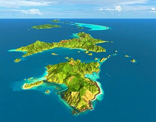 A digitally rendered archipelago. Lush green islands are connected by channels in a winding pattern