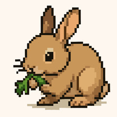 Fototapeta premium Pixelated brown bunny enjoying fresh greens, perfect for children's books, games, and design projects