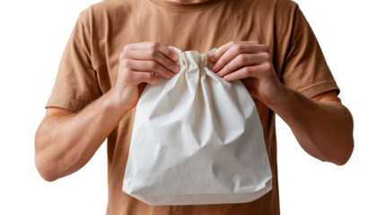 close-up of a person holding a plain white burger bag, no logos or labels, flat lighting, minimal shadows, neutral background