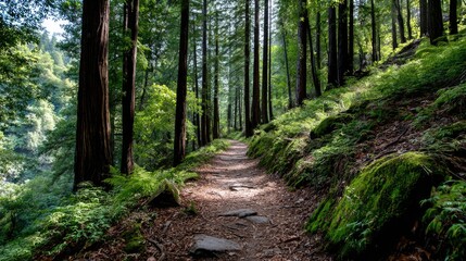 Fototapeta premium forest through towering trees whose thick trunks disappear into a lush canopy overhead