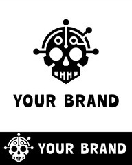 Futuristic cyber skull logo combining digital circuits and robotic design elements in flat and minimalist style 