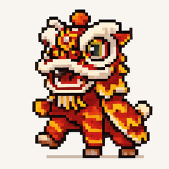Obraz premium Dynamic pixel art of a traditional Chinese Lion Dance, celebrating Lunar New Year with joy