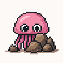 Obraz premium Pixelated jellyfish with rocks, cute cartoon character for games, web design, or print projects