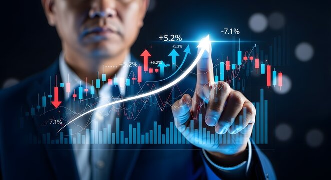 Businessman Analyzing Stock Market Performance with Rising Trend Graph