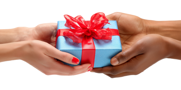 Close-up of two pairs of hands exchanging a wrapped gift. One pair has light skin with red nail polish (hands giving the gift)