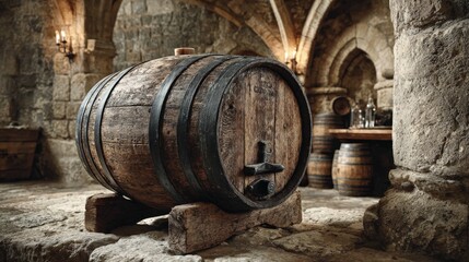 French oak barrel for Armagnac aging in medieval Gascony stone cellar