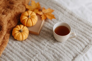 Cozy autumn scene featuring small orange pumpkins, a warm knitted blanket, a cup of tea, and fallen leaves on a textured surface, evoking a seasonal atmosphere of comfort and relaxation