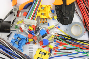 Electrical Installation Tools and Materials for Electrical Switchboard Assembly. Close-up. Soft...