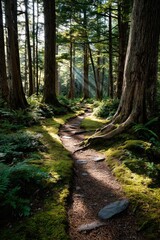 Obraz premium forest through towering trees whose thick trunks disappear into a lush canopy overhead