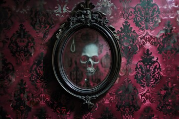 Obraz premium Dark ornate mirror reflecting a skull against a rich red damask wallpaper, creating a haunting atmosphere with intricate patterns and eerie ambiance, perfect for horror-themed design